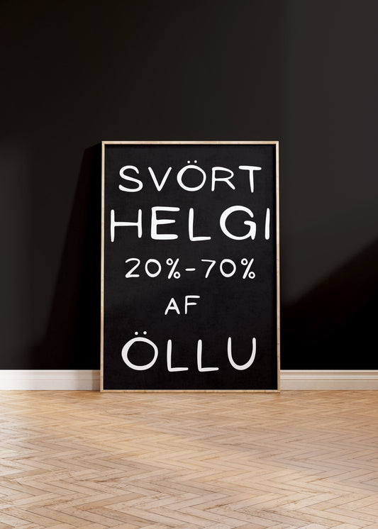 Rammi upp við vegg með veggspjaldi sem fjallar um Black Friday