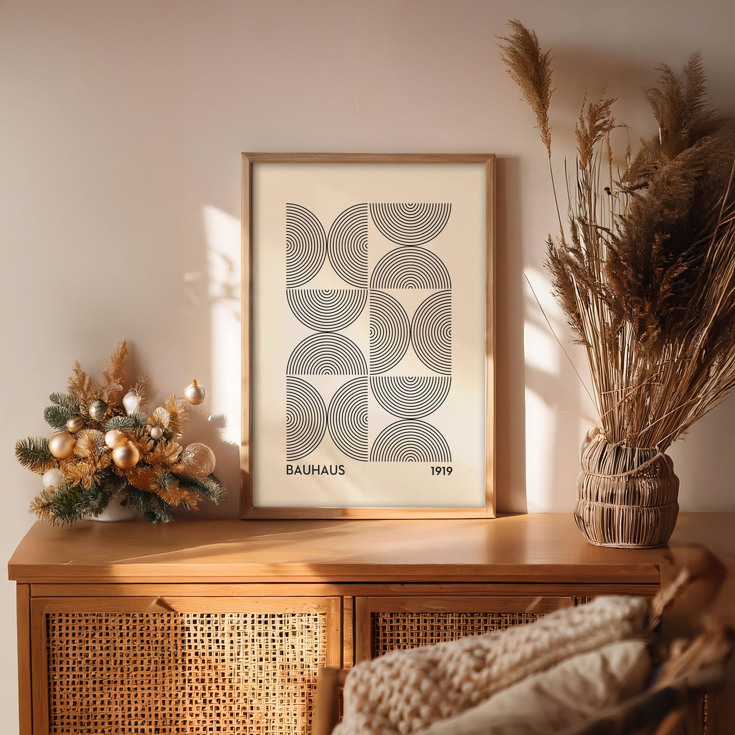 Innrammað veggspjald í Bauhaus stíl ofan á kommóðu